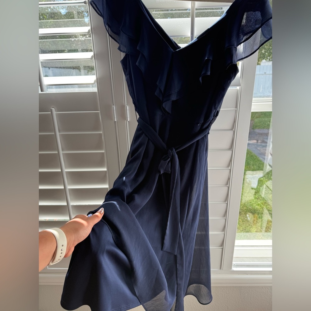 DKNY Dark Blue Midi Dress with Ruffle V-Neck